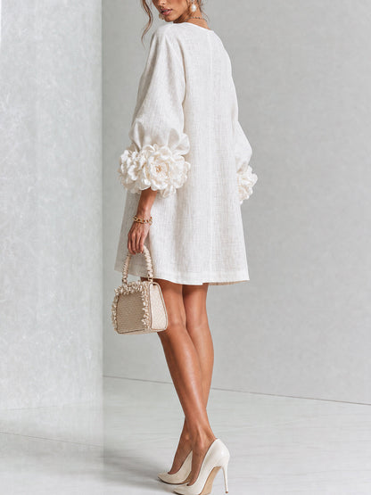 White Floral Button-down Mini Dress With Striking Floral Cuffs