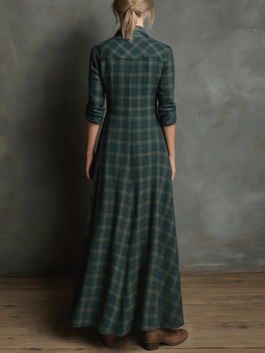Green Check Pattern Lapel Single-Breasted Shirt Maxi Dress