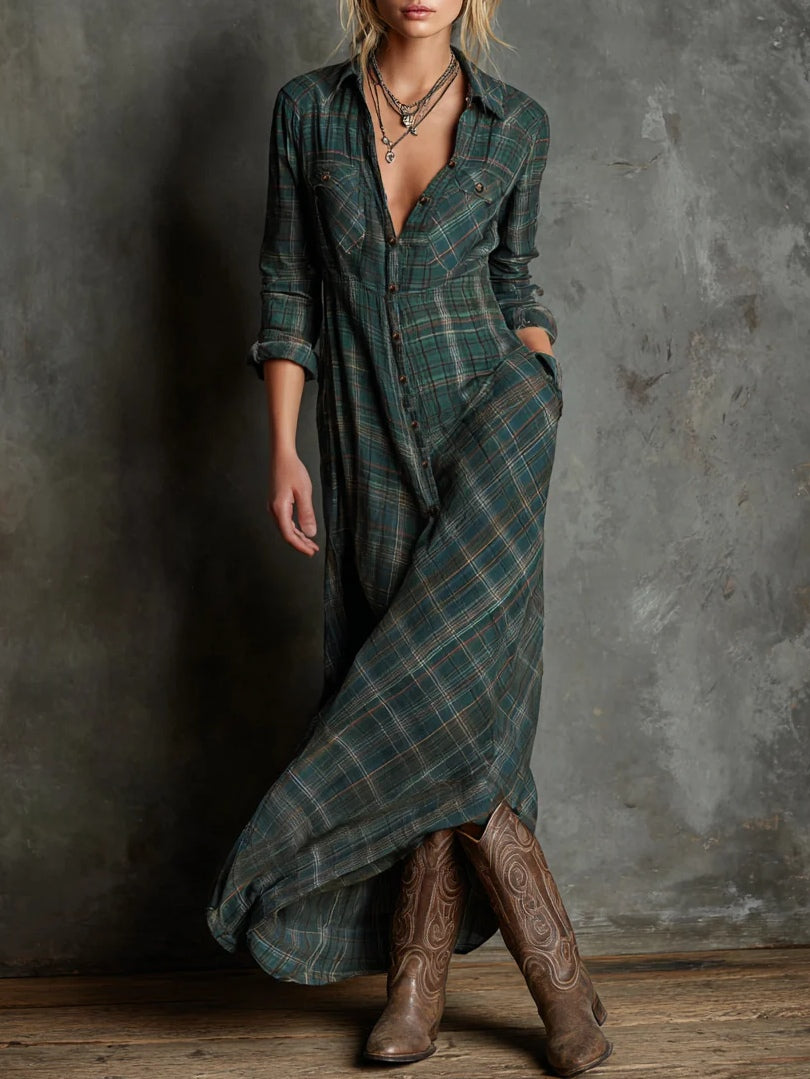 Green Check Pattern Lapel Single-Breasted Shirt Maxi Dress