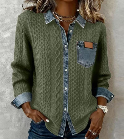 Ambra - Patchwork Knit Top with Denim Details