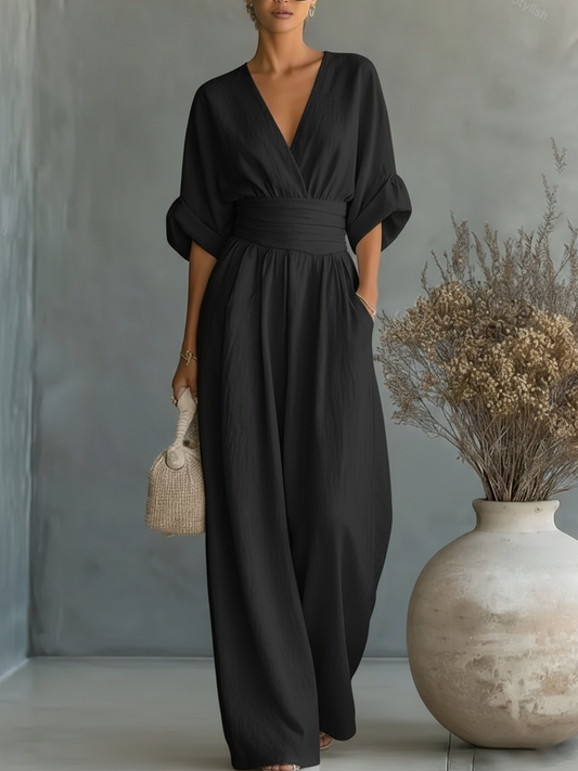 ESSENTIAL - Elegant V-Neck Jumpsuit with High Waist