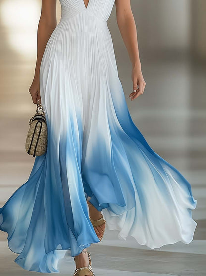 Elegant And Flowing V-Neck Pleated Chiffon Blue Gradient White Maxi Dress