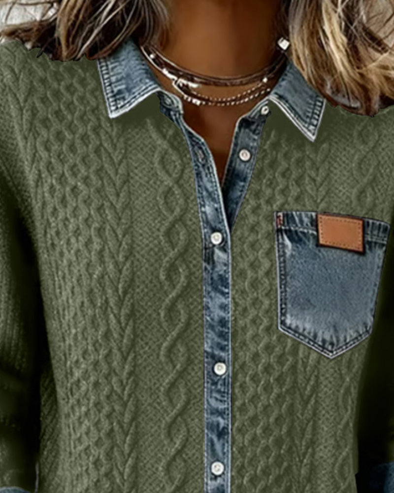 Long Sleeve Patchwork Denim Shirt