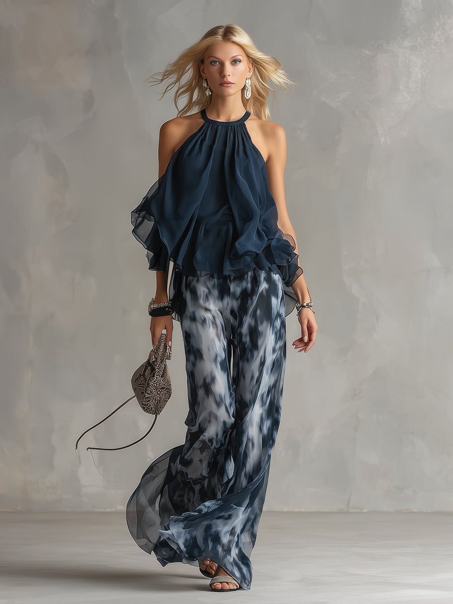 Ludovica – Elegant chiffon set with high-neck top and printed wide-leg pants