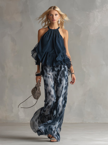 Ludovica – Elegant chiffon set with high-neck top and printed wide-leg pants