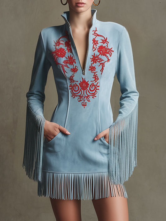 Western Retro Red Embroidered Blue Faux Suede Long-Sleeved Tassel Mini Dress