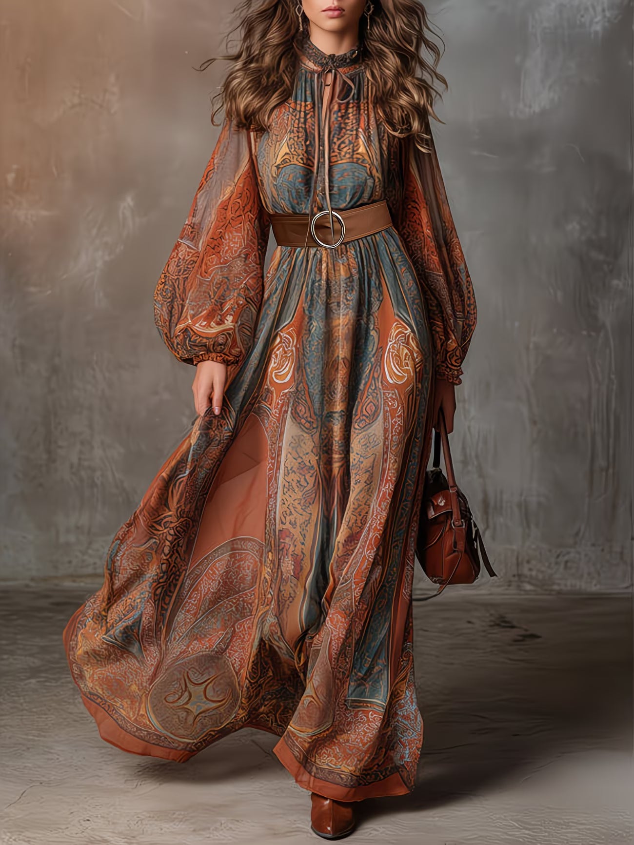 Isla | Flowing Fashion Printed Belt Temperament Commuter Lantern Sleeve Dress