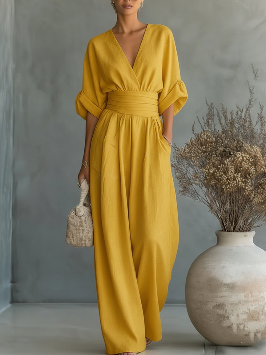 ESSENTIAL - Elegant V-Neck Jumpsuit with High Waist