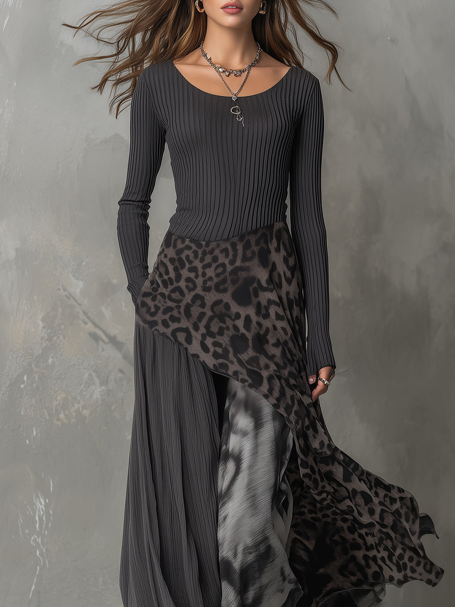 Martina - Long Bohemian Style Dress with Leopard Print
