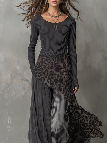Martina - Long Bohemian Style Dress with Leopard Print