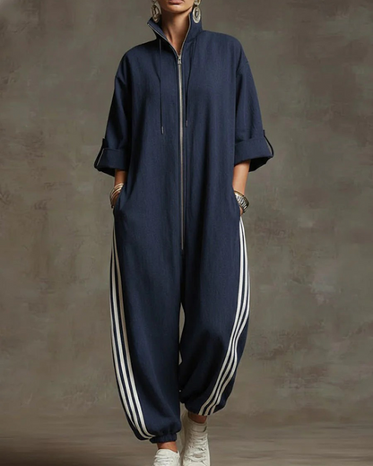 Striped Sporty Zip-Up Jumpsuit