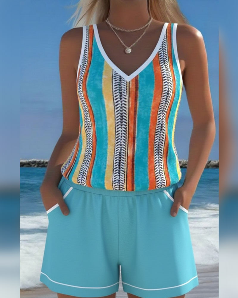 Tankini Swimsuit V-Neck Printed