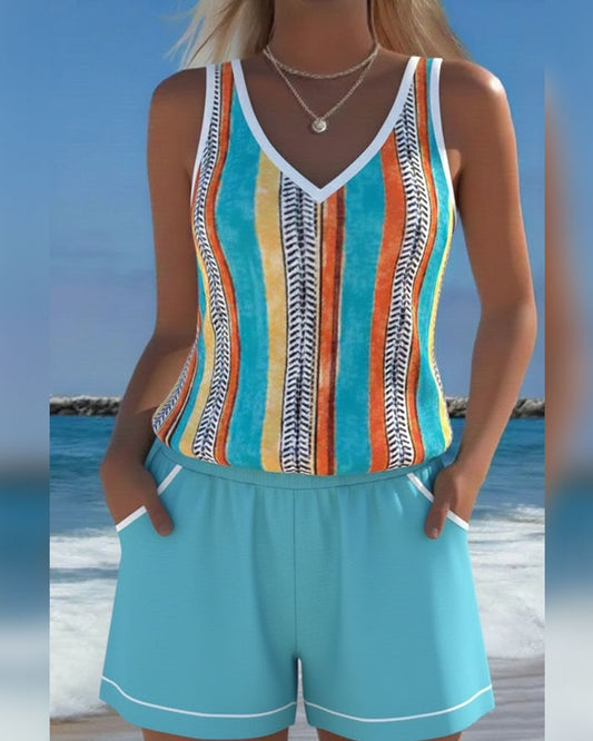 Tankini Swimsuit V-Neck Printed