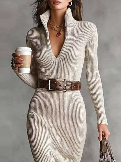 Isabella |  Elegant Ribbed Knit Turtleneck Midi Sweater Dress