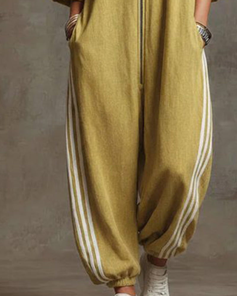 Striped Sporty Zip-Up Jumpsuit