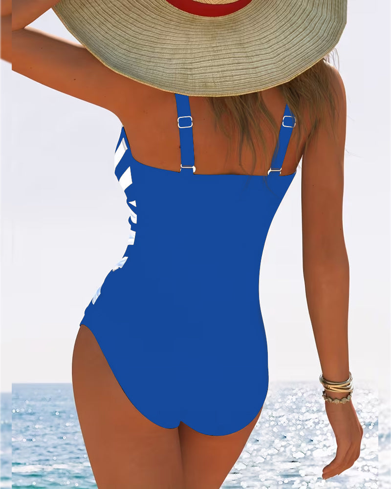 Casual striped swimsuit with V-neck, one-piece