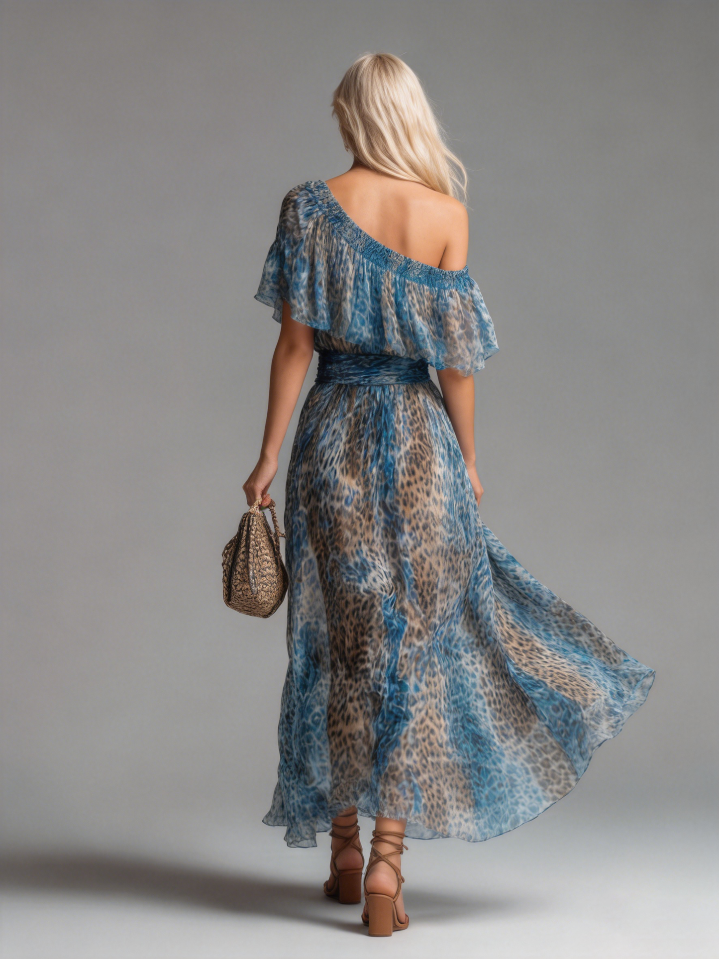 Selvaggia – Leopard Print Chiffon Maxi Dress with Off-Shoulder Design