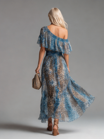 Selvaggia – Leopard Print Chiffon Maxi Dress with Off-Shoulder Design