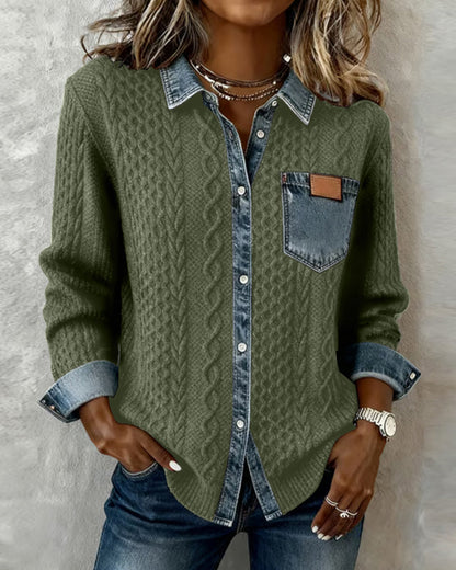 Long Sleeve Patchwork Denim Shirt