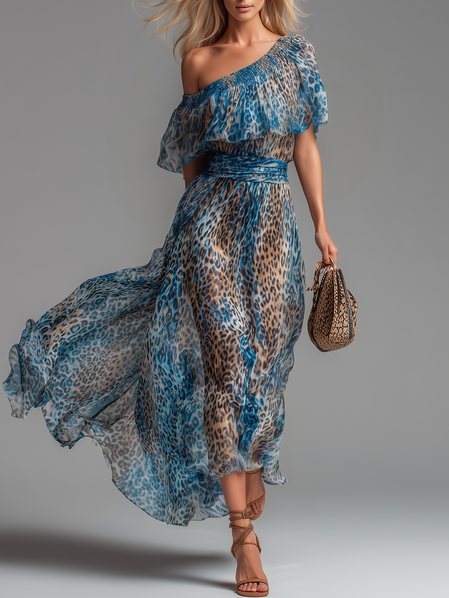 Selvaggia – Leopard Print Chiffon Maxi Dress with Off-Shoulder Design