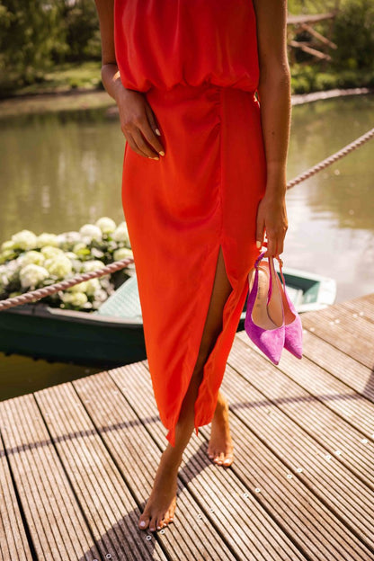 Sleeveless Midi Dress with Round Neck and Split for Women