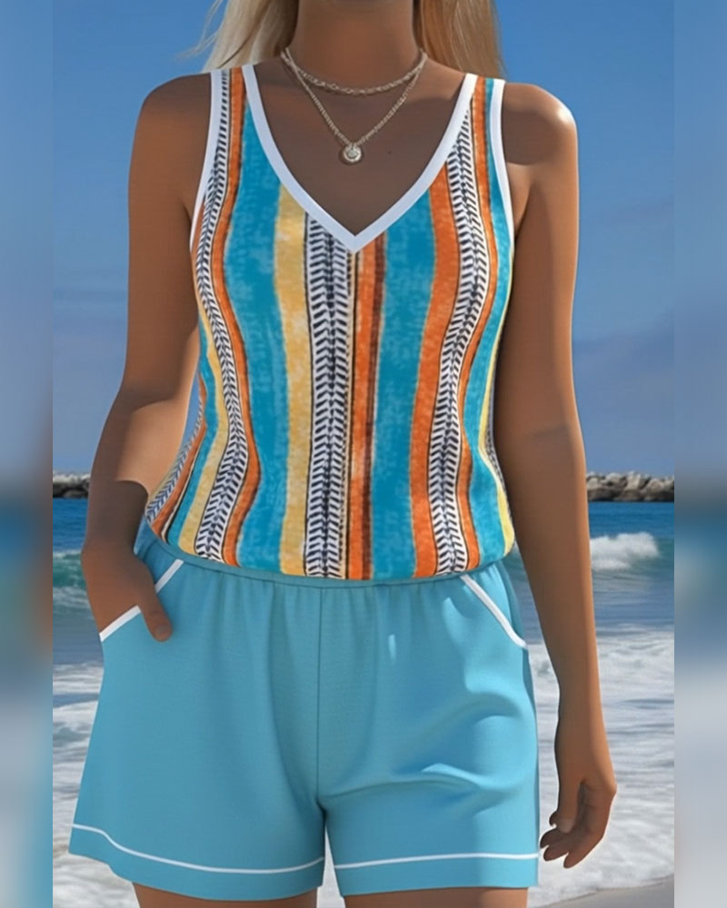 Tankini Swimsuit V-Neck Printed