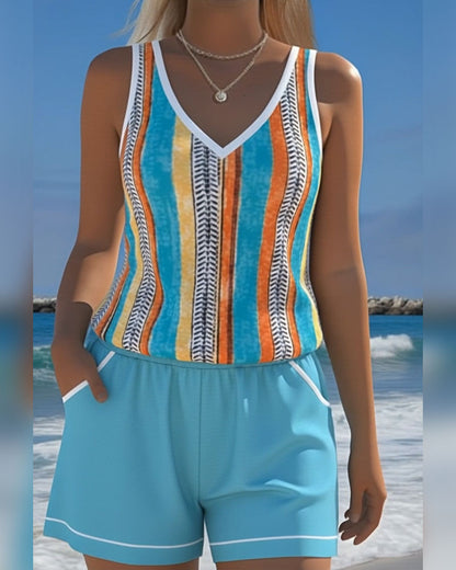 Tankini Swimsuit V-Neck Printed