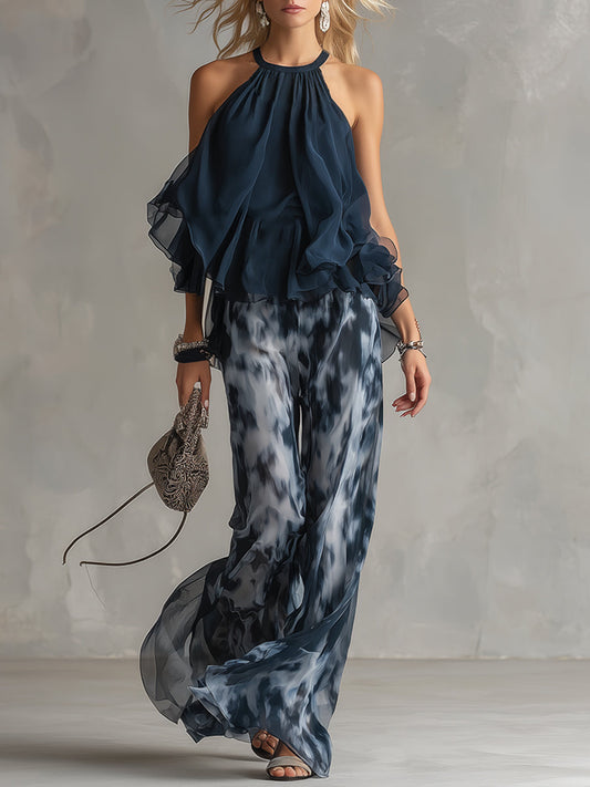 Ludovica – Elegant chiffon set with high-neck top and printed wide-leg pants