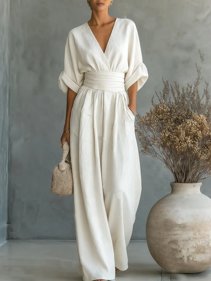 ESSENTIAL - Elegant V-Neck Jumpsuit with High Waist