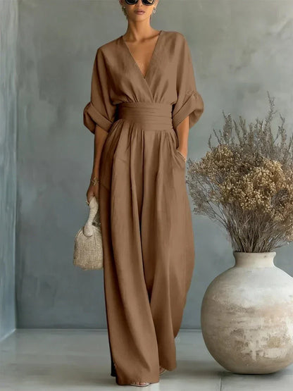 ESSENTIAL - Elegant V-Neck Jumpsuit with High Waist