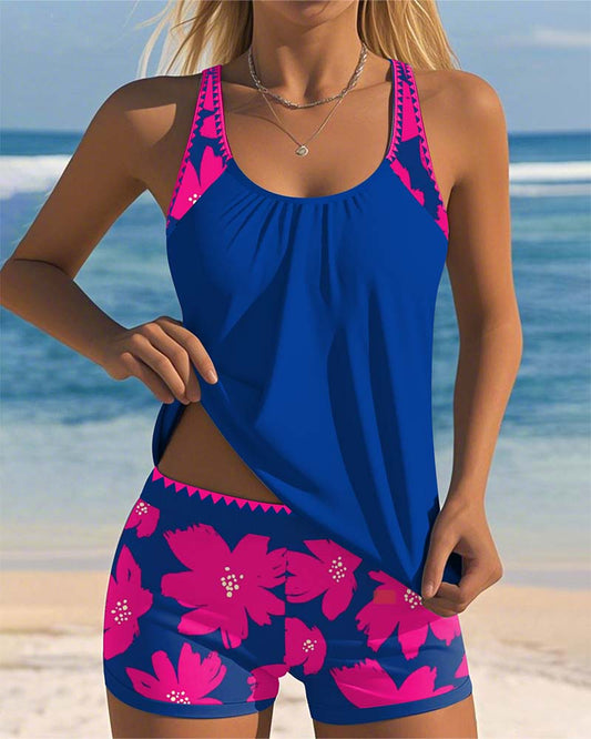 Sleeveless U-Neck Printed Boxer Tankini