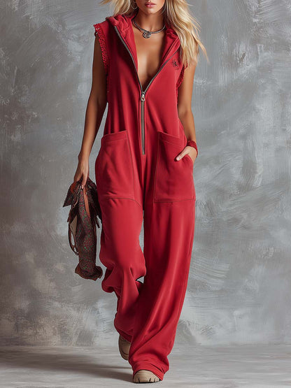 Retro Fashiona Sporty Hooded V-neck Front Zipper Raspberry Red Cotton Jumpsuit