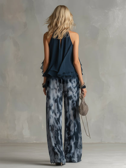 Ludovica – Elegant chiffon set with high-neck top and printed wide-leg pants