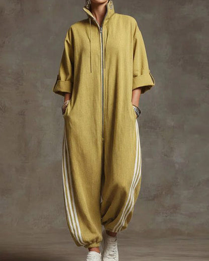 Striped Sporty Zip-Up Jumpsuit