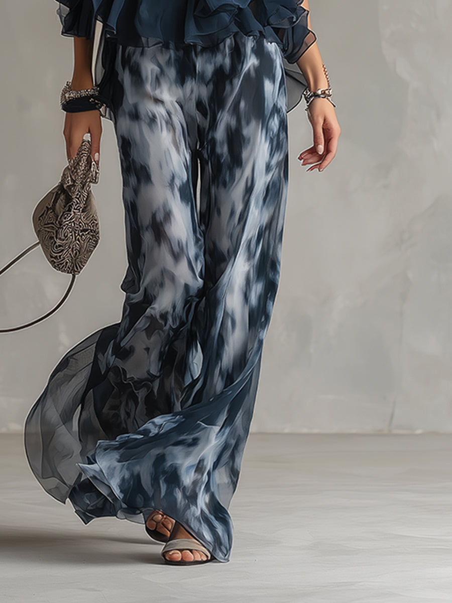 Ludovica – Elegant chiffon set with high-neck top and printed wide-leg pants