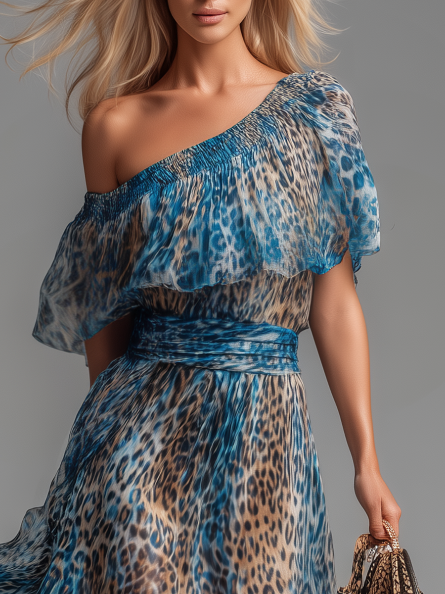 Selvaggia – Leopard Print Chiffon Maxi Dress with Off-Shoulder Design