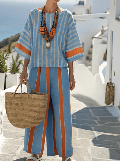 Women'S Loose Slit Contrast Striped Pants Set