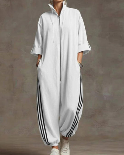 Striped Sporty Zip-Up Jumpsuit
