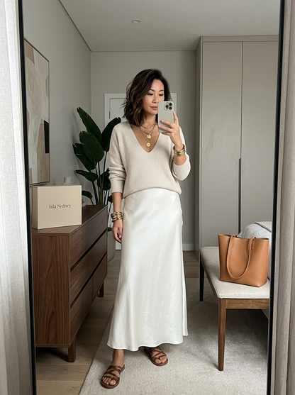 Chloe | Effortless Ivory Knit & Satin Midi Ensemble