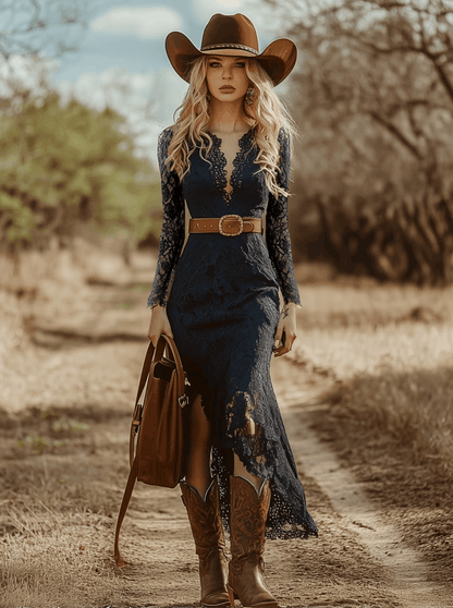 Vintage Bohemian Blue Lace Long Sleeve Midi Dress