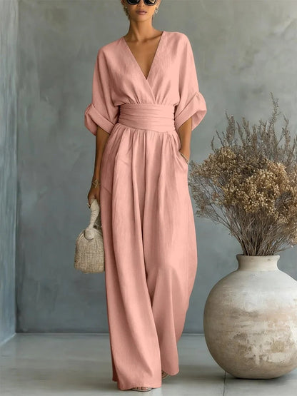 ESSENTIAL - Elegant V-Neck Jumpsuit with High Waist
