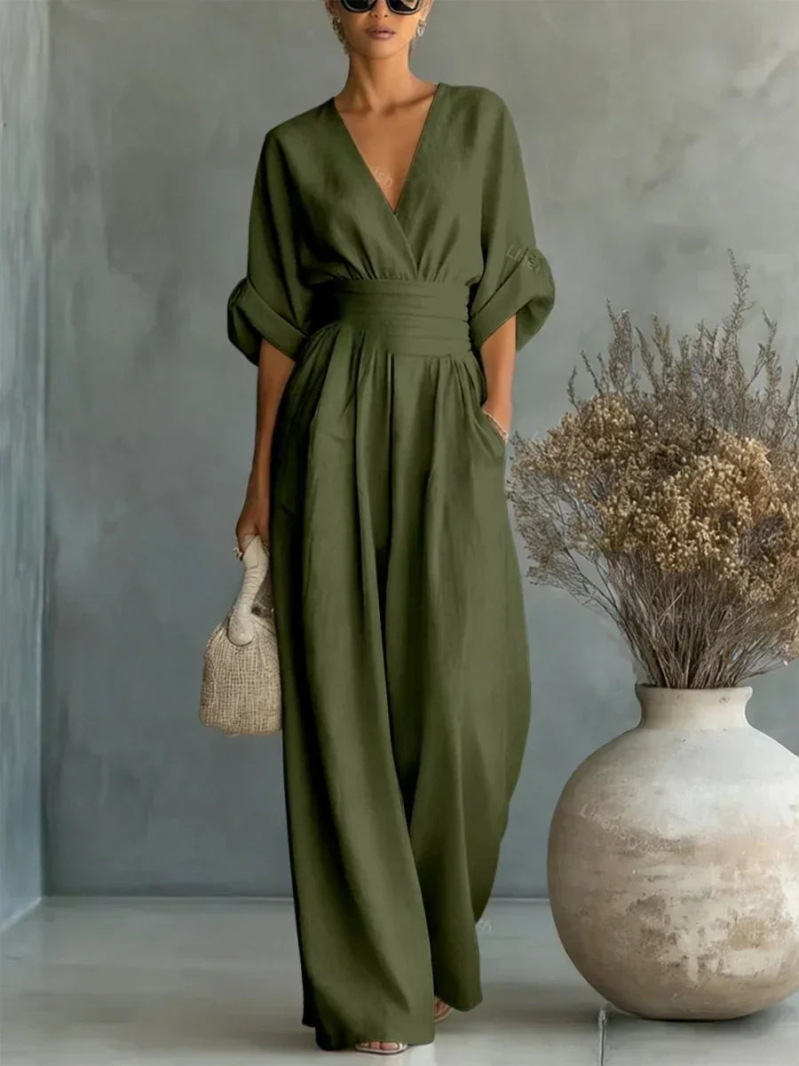 ESSENTIAL - Elegant V-Neck Jumpsuit with High Waist