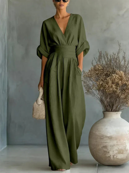 ESSENTIAL - Elegant V-Neck Jumpsuit with High Waist