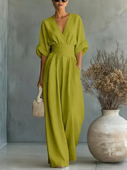 ESSENTIAL - Elegant V-Neck Jumpsuit with High Waist